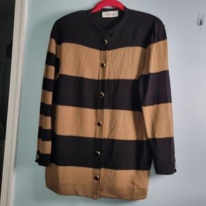 Vtg STEVE FABRIKANT USA Wool Blend Black Tan Stripe Knit Cardigan Coat L FLAW V7